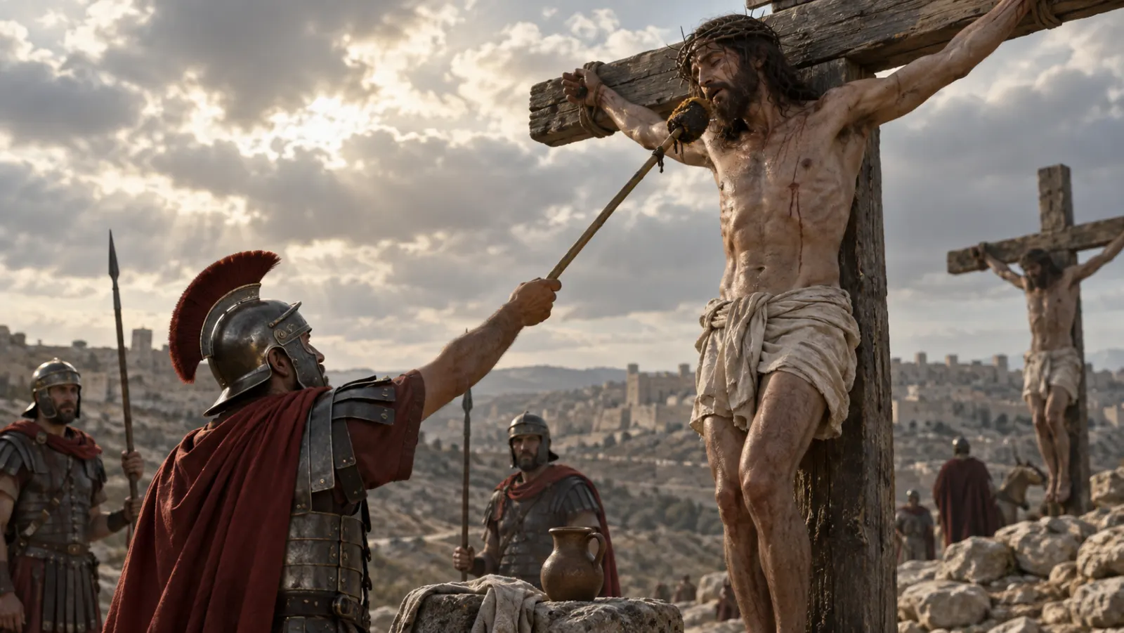 Un soldado romano sostiene una esponja con vino agrio cerca de la cruz mientras una vasija de barro y el lugar de ejecución sitúan la escena en su contexto histórico.