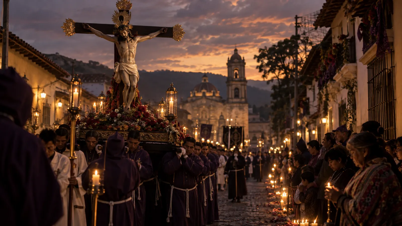 Varias mujeres de Jerusalén lloran y se lamentan mientras Jesús es conducido por soldados hacia la crucifixión fuera de la ciudad.
