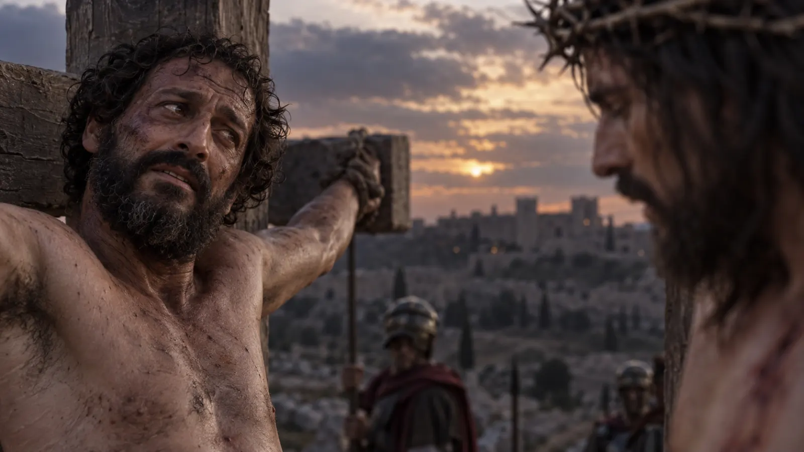A dying prisoner turns his face toward Jesus on a neighboring cross beneath a darkening sky.