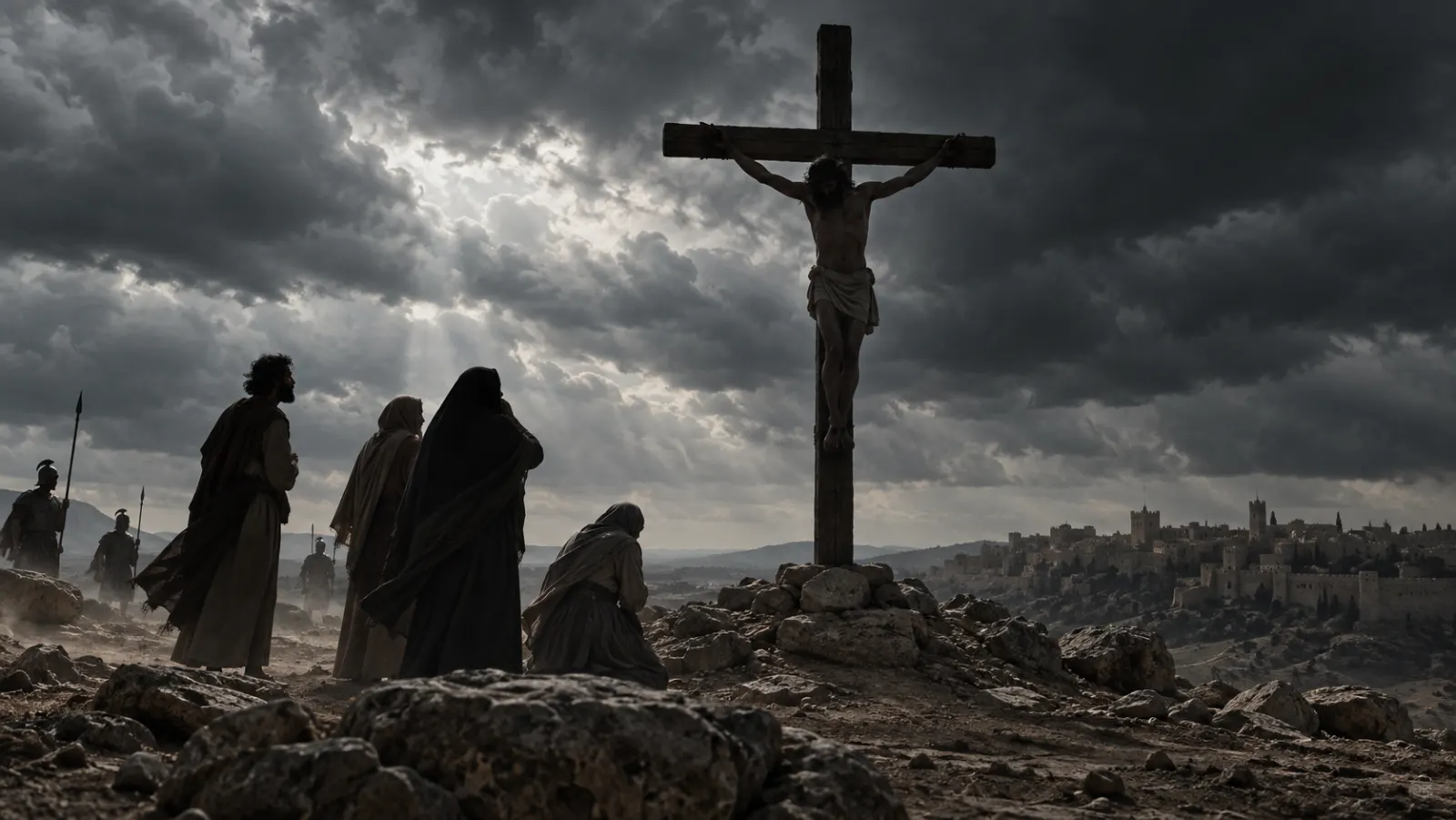 Jesus’ cross stands against a dark midday sky while mourners remain at a respectful distance.