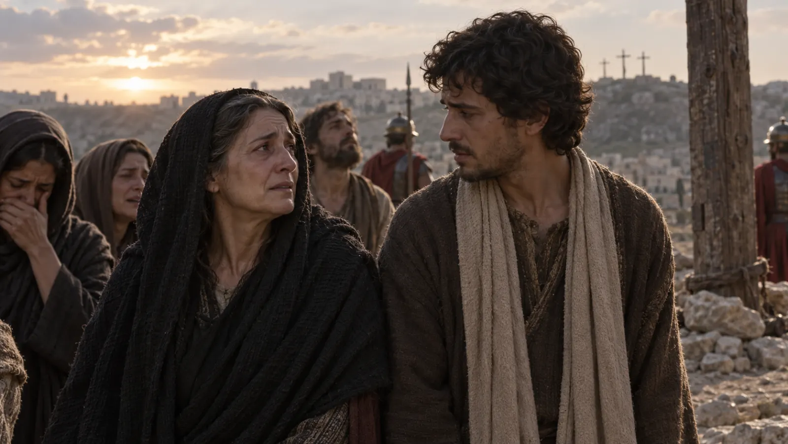 Mary and the beloved disciple stand near the cross and look toward one another through their grief.
