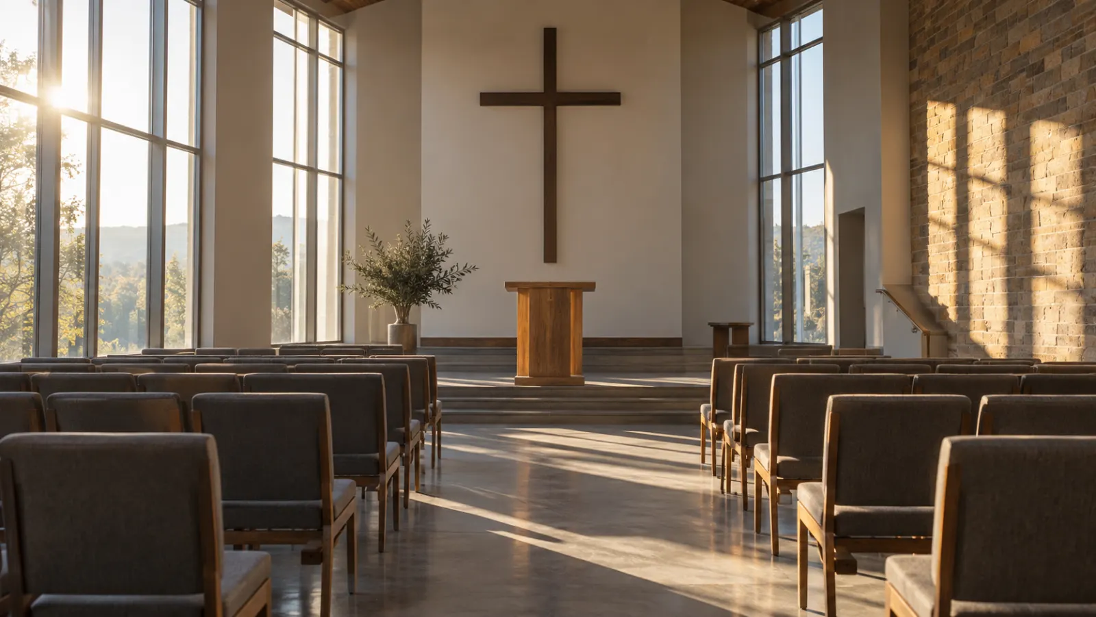An empty church lectern and rows of chairs in clear morning light.