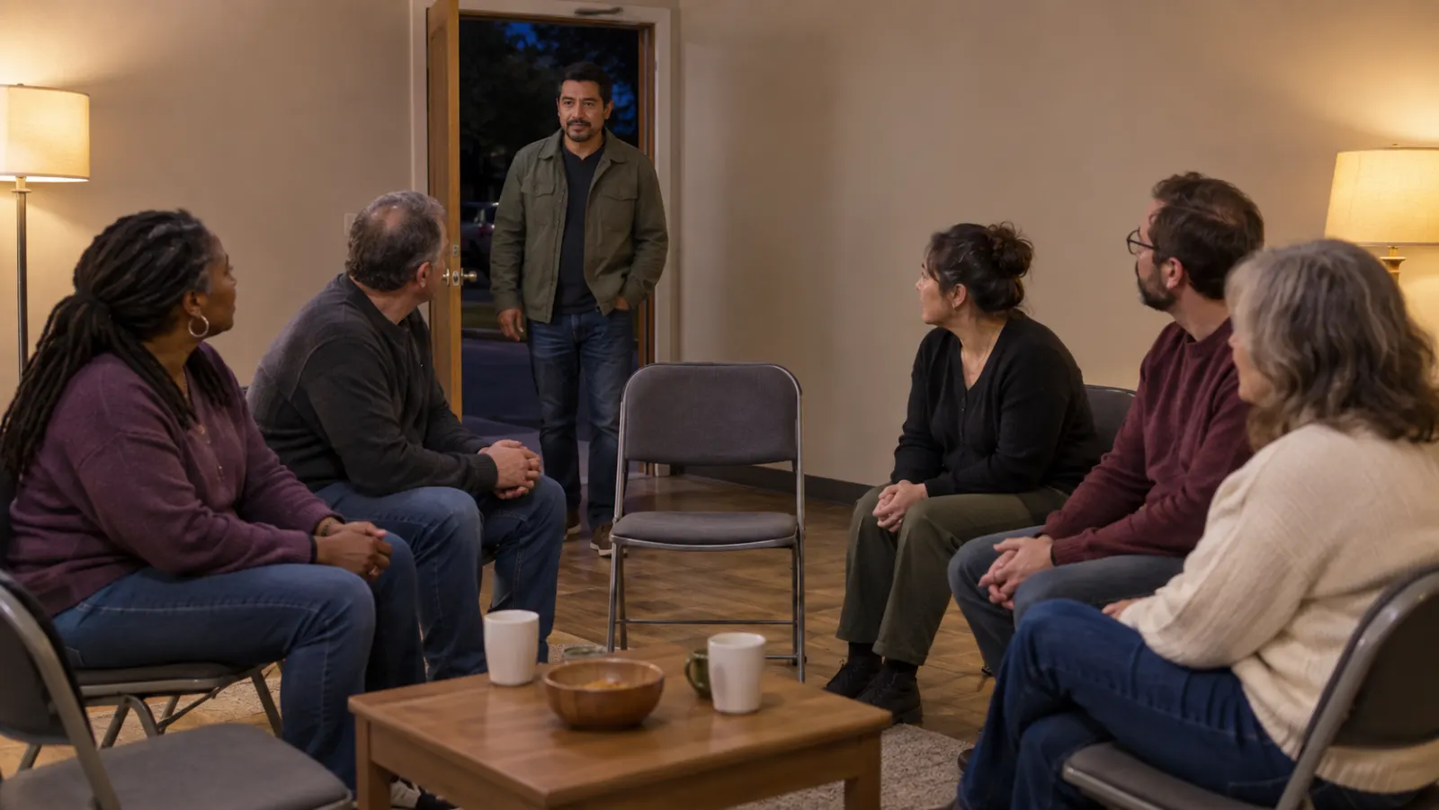 A thoughtful man stands at the edge of a welcoming church discussion circle.