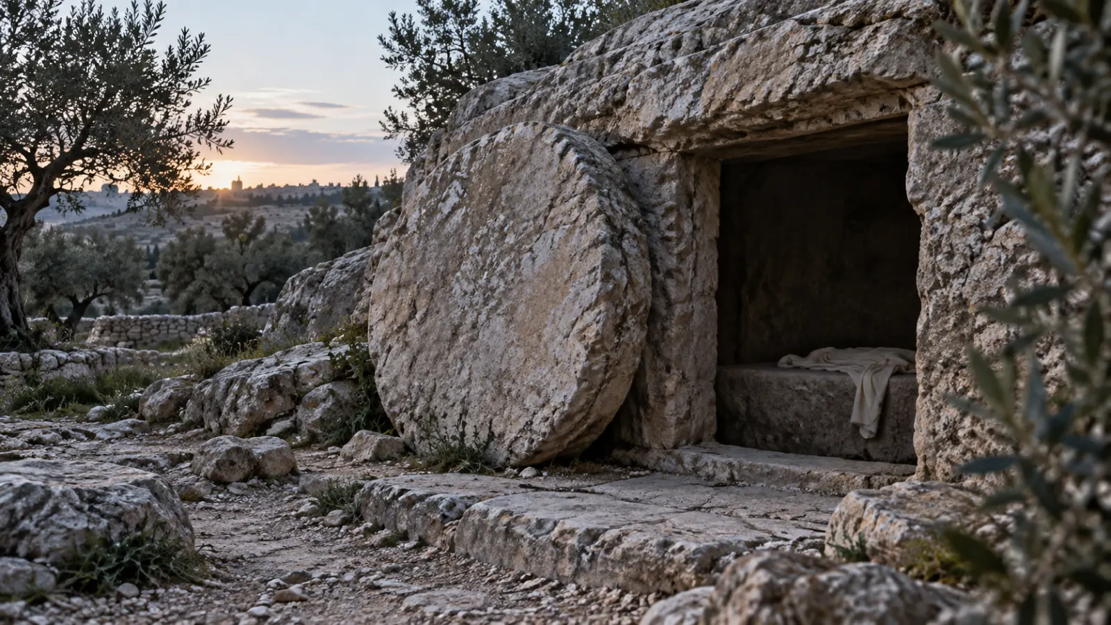 An open first-century rock-cut tomb at dawn with folded burial cloth visible inside and no people present.