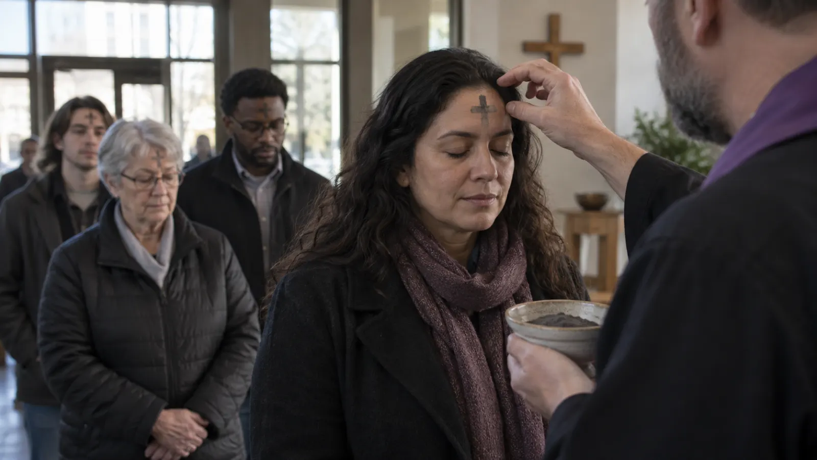 A pastor applies ashes to a worshiper while a diverse line waits quietly in a simple church.