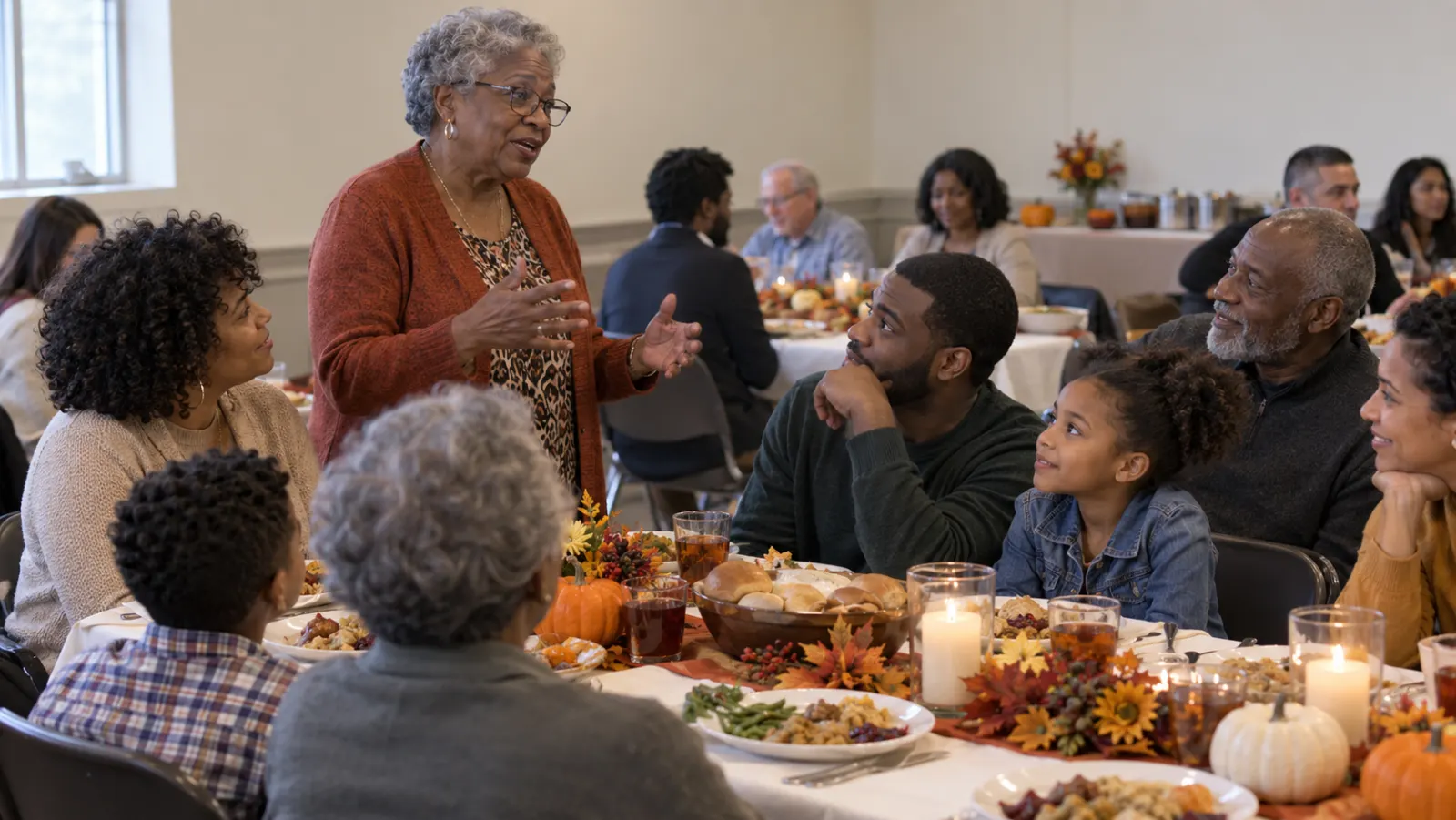 A diverse church community shares a Thanksgiving meal while an older woman tells a story at the table.
