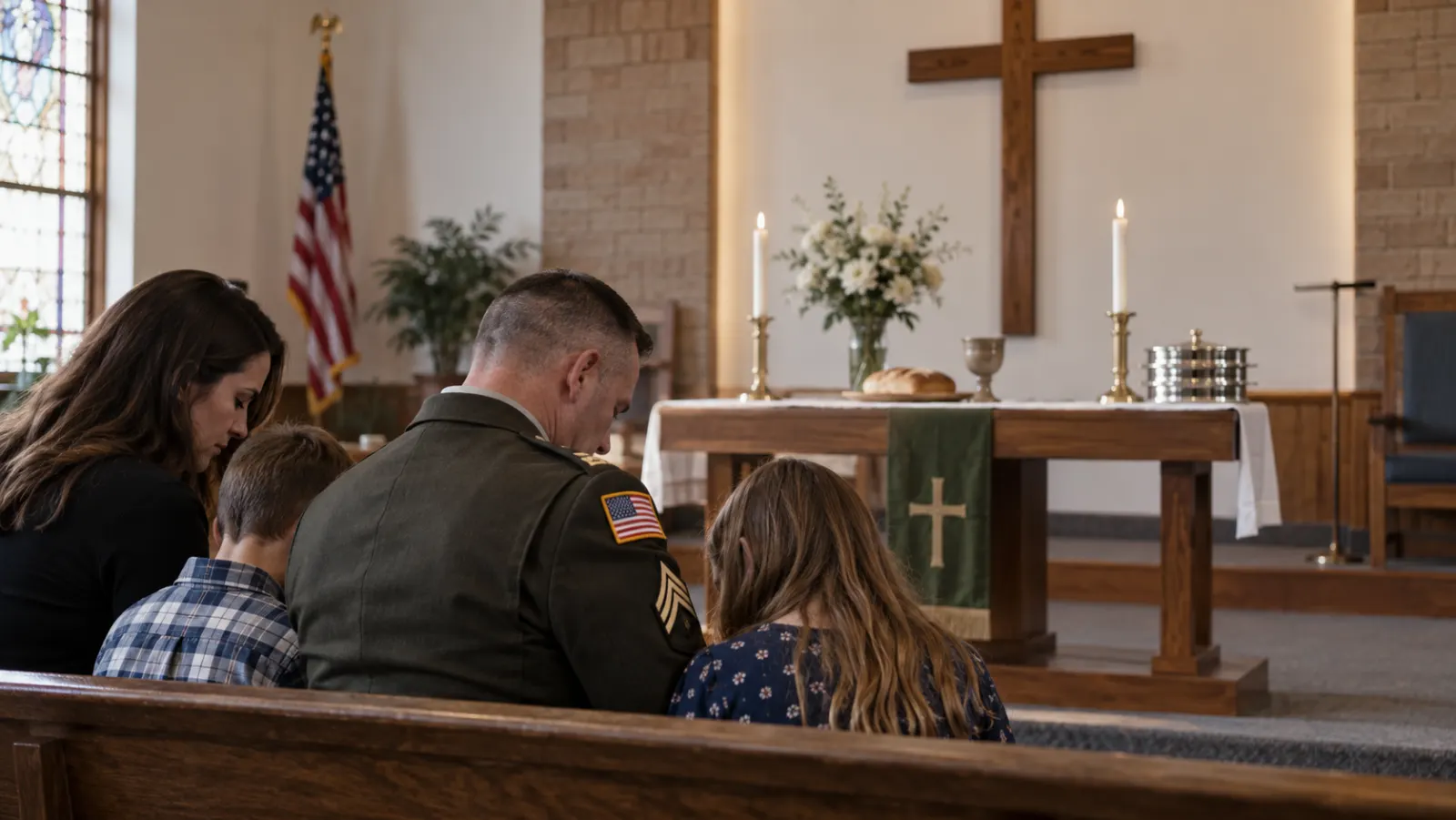 A military family prays near a communion table while a small American flag remains in a back corner.