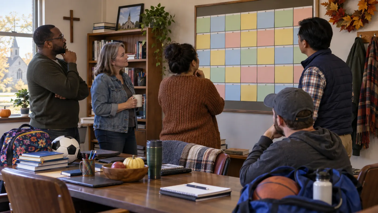 A diverse American church planning team studies a blank seasonal calendar beside school books and sports equipment.