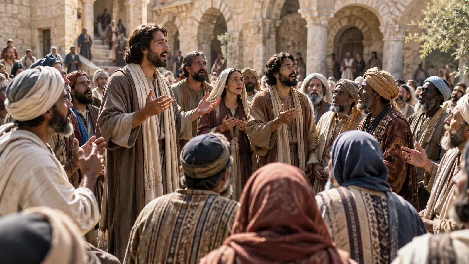 A crowded first-century Jerusalem street filled with Jewish pilgrims from many regions, wearing varied historically plausible clothing and listening together to the Pentecost proclamation.