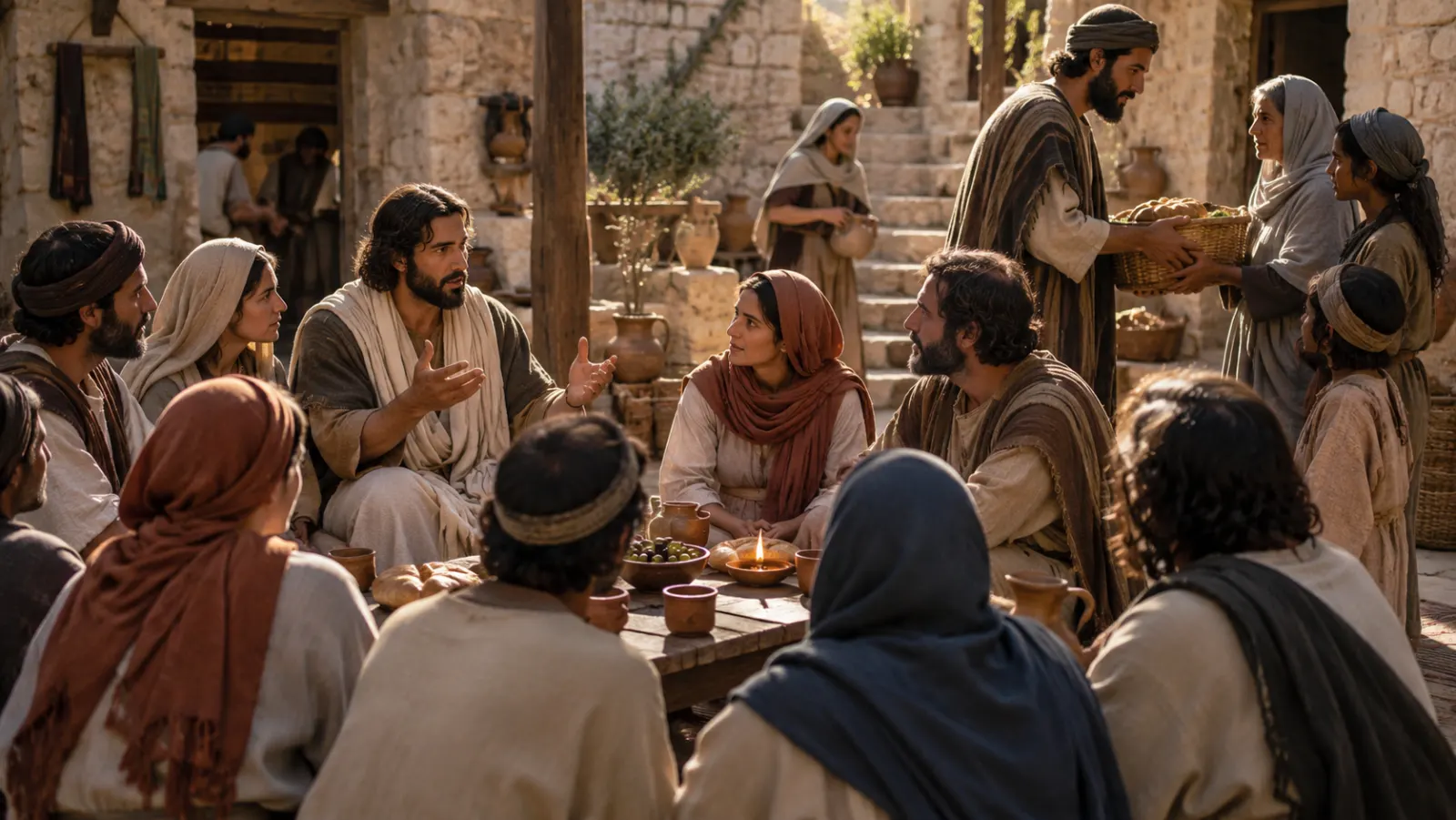 Creyentes de la iglesia primitiva comparten pan, oración, enseñanza y ayuda material en una casa de Jerusalén después de Pentecostés.