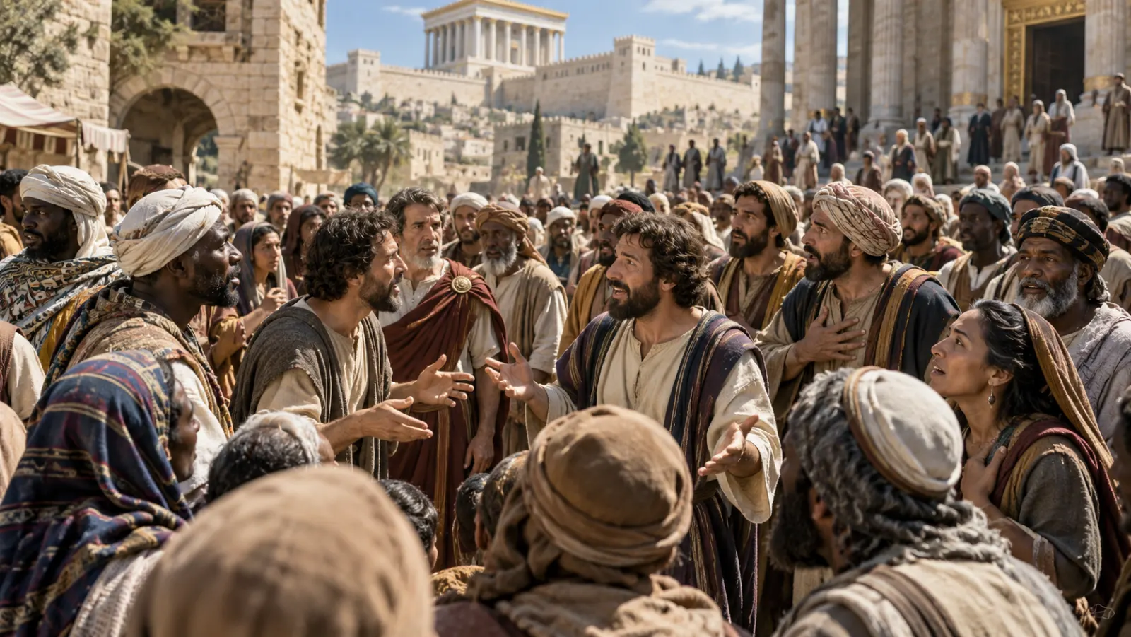 A multilingual crowd in first-century Jerusalem understanding the proclamation of God across many languages without losing their cultural diversity.