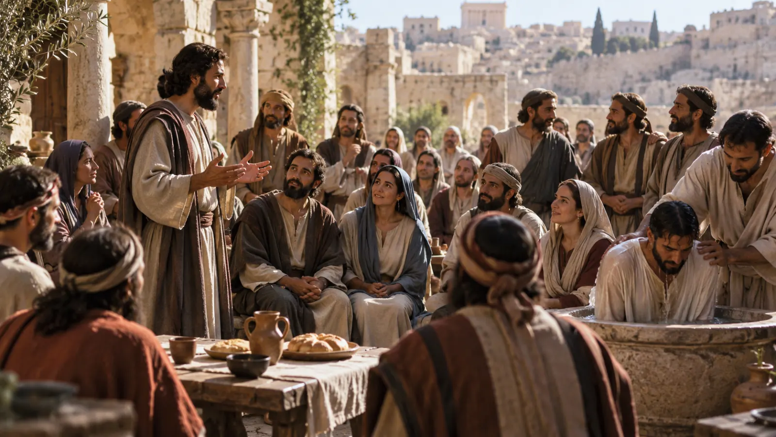 A diverse first-century Jerusalem community gathered for teaching, prayer, meals, and baptism after Pentecost, emphasizing the birth of public church life rather than a literal birthday party.