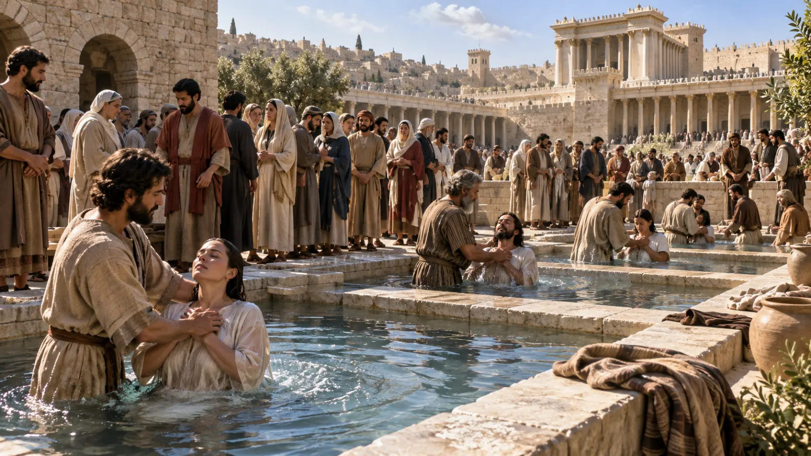 Large groups of new believers being baptized using first-century Jewish ritual immersion pools near Jerusalem with many helpers assisting in an orderly way.