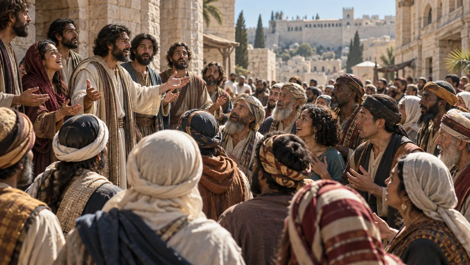 Galilean followers of Jesus speaking as Jewish pilgrims from many regions listen with astonishment because they recognize their own languages.