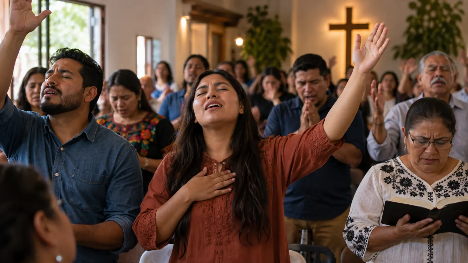 Una congregación latinoamericana contemporánea lee Hechos y ora, mostrando la relación histórica pero no la identidad entre Pentecostés y el pentecostalismo moderno.