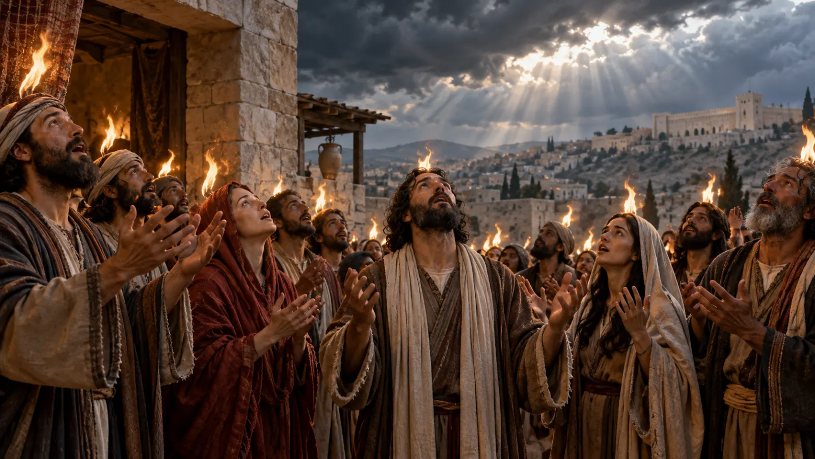 A first-century Pentecost gathering with fire-like signs and wind, visually echoing Sinai through distant storm-lit mountain imagery without splitting the scene.