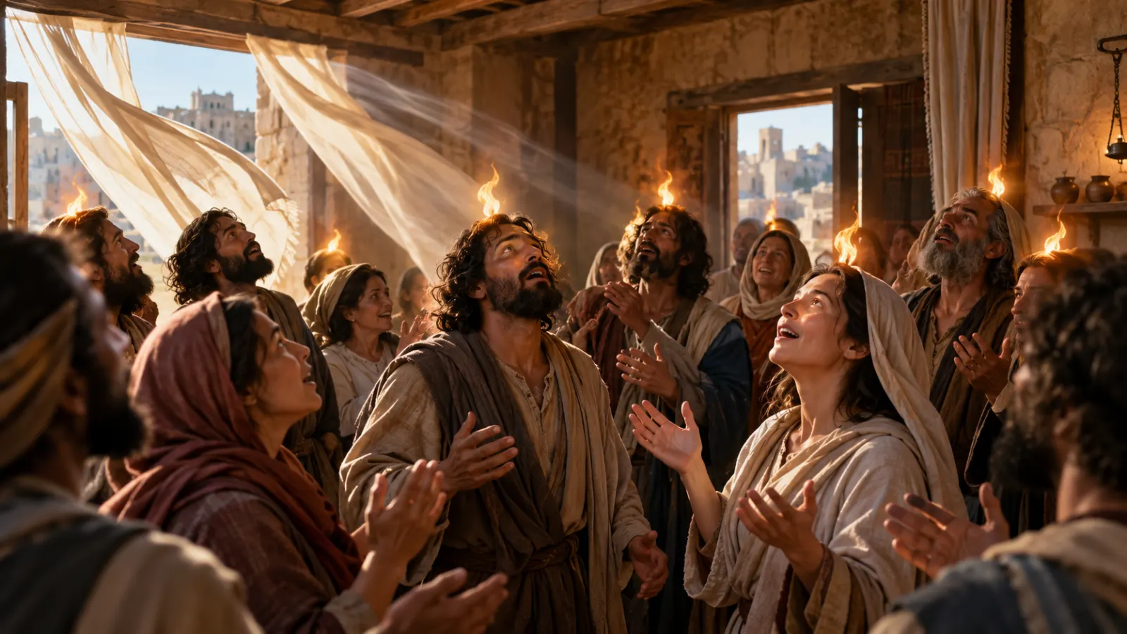 Followers of Jesus in a first-century Jerusalem room as subtle divided flame-like signs appear among them while a strong wind moves through the space.