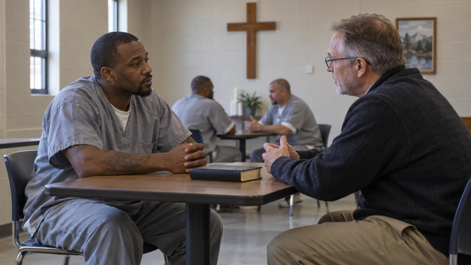 A prison Bible-study circle meets with a visiting chaplain in a plain institutional room.