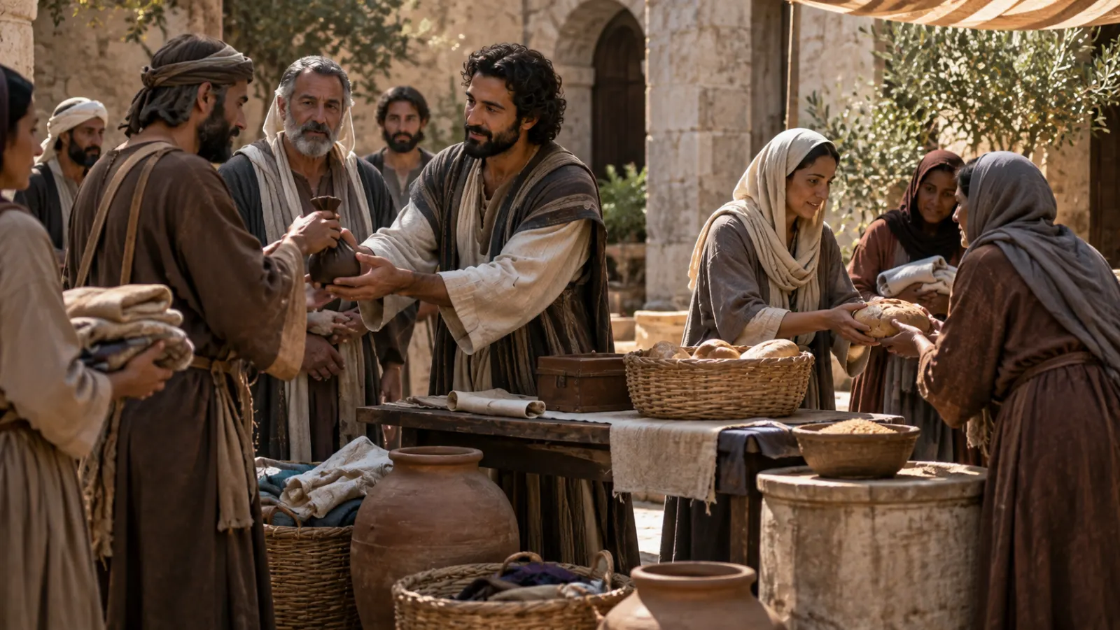 Adult Greek-speaking Jewish widows raise a concern about food distribution while the Jerusalem believers listen and reorganize practical care.