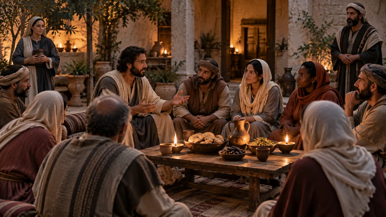 Adult Jewish and Gentile believers gather for teaching in a cosmopolitan first-century Antioch courtyard with the mixed urban life of the city visible around them.