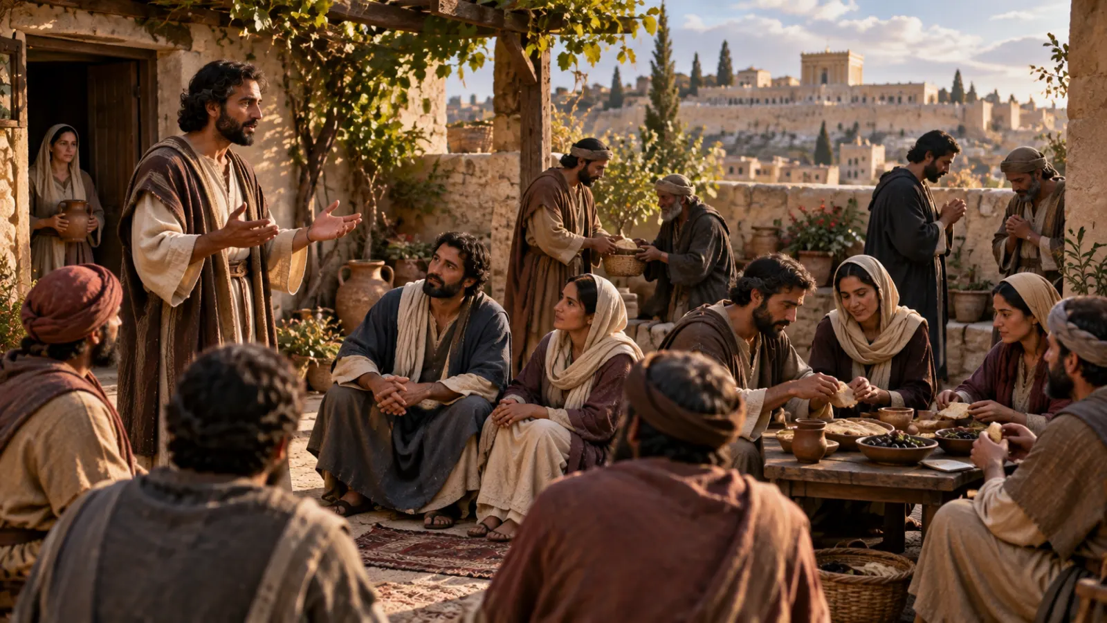 Adult first-century believers gather for teaching, prayer, and shared bread in a modest urban household courtyard without later church architecture.