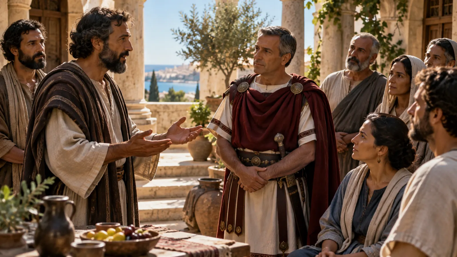 Peter enters the household courtyard of the Roman centurion Cornelius and speaks with a mixed group of adult Gentile relatives and friends.