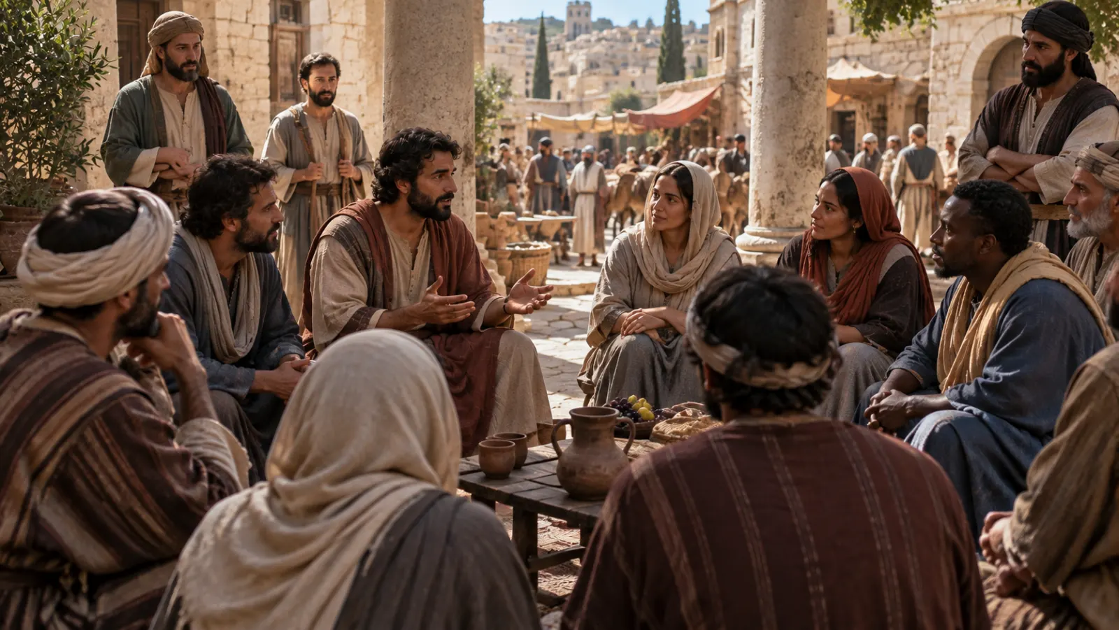 Adult leaders and delegates from Jerusalem and Antioch sit in serious discussion around an open scroll while the wider gathering listens.