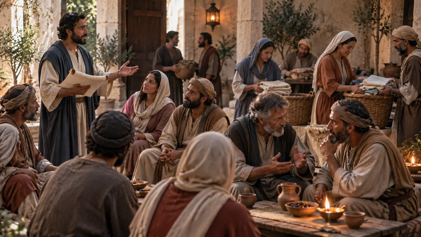 Adult believers in the Jerusalem church bring a modest property-sale payment and distribute food and clothing to adults in need without displays of wealth.