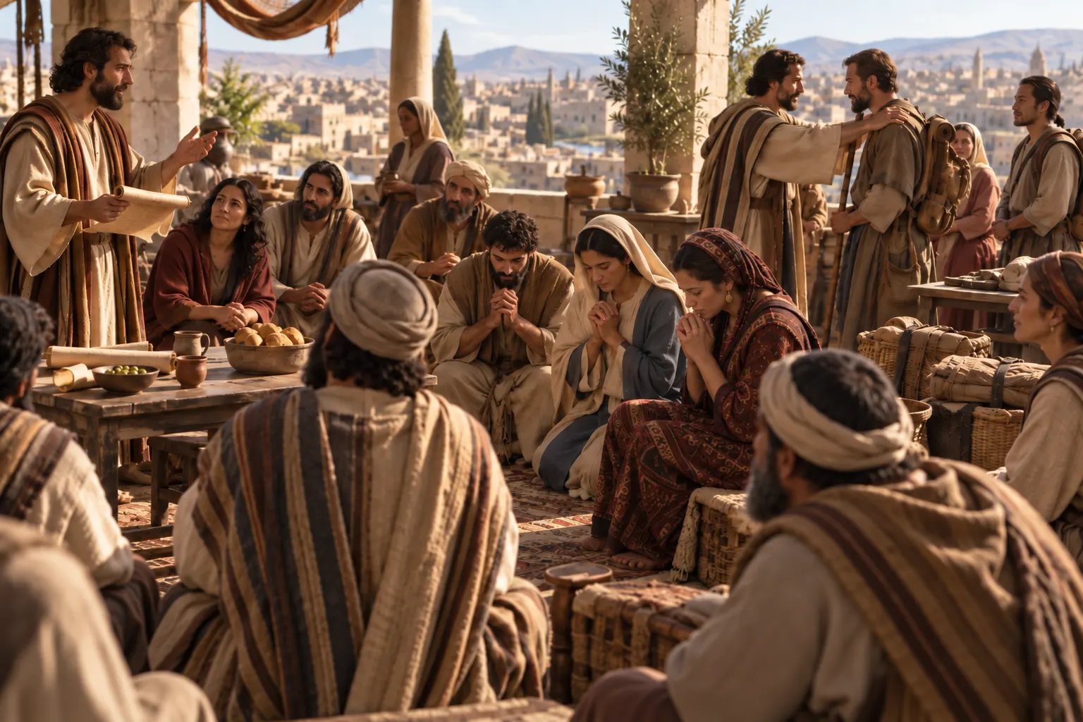 Adultos seguidores de Jesús caminan juntos por una calzada del siglo I entre Damasco y ciudades cercanas, deteniéndose para enseñar y recibir hospitalidad.