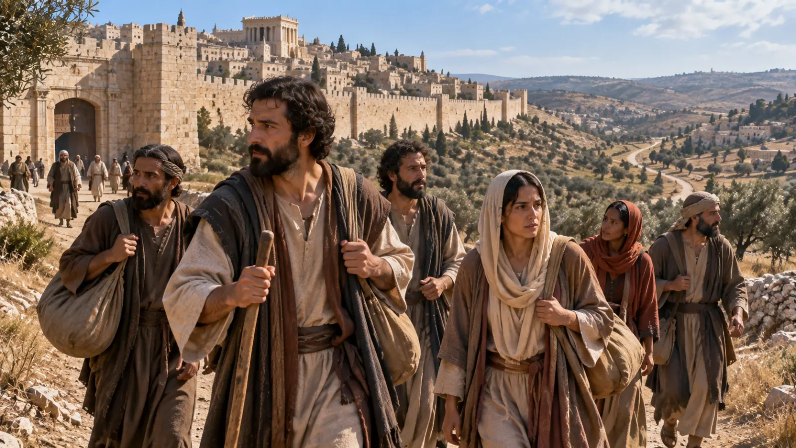 Adult believers in first-century Jerusalem move between apostolic teaching, prayer, a shared meal, and practical care in a household courtyard near the temple district.