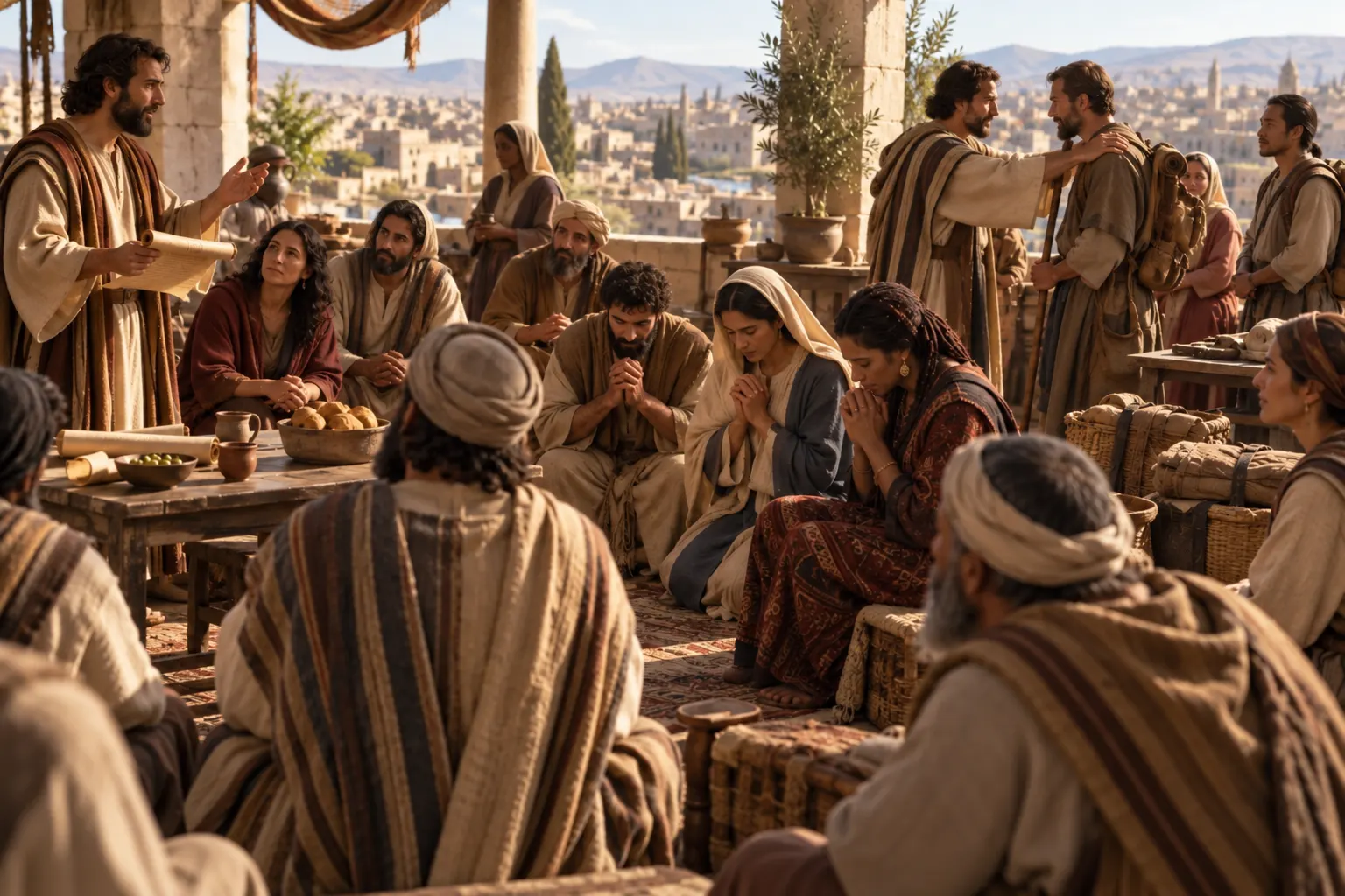 Adultos seguidores de Jesús oran y escuchan enseñanza en un patio de Jerusalén mientras el Templo y peregrinos judíos forman parte visible del entorno cotidiano.
