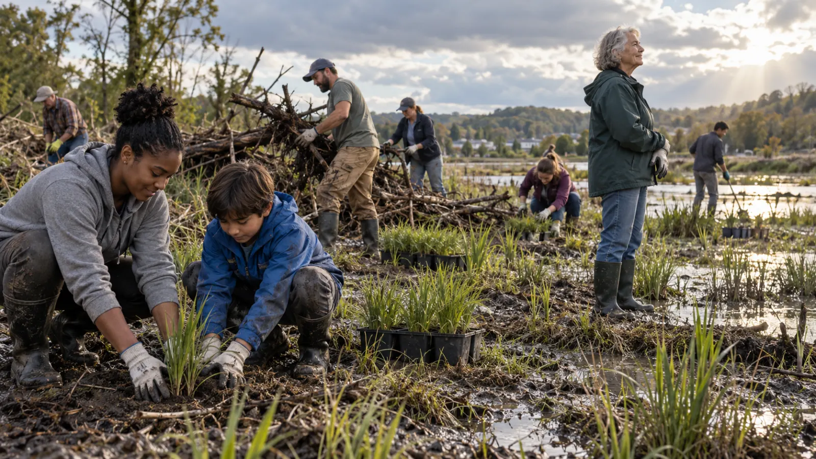 A multigenerational American church team restores a wetland damaged by severe weather.