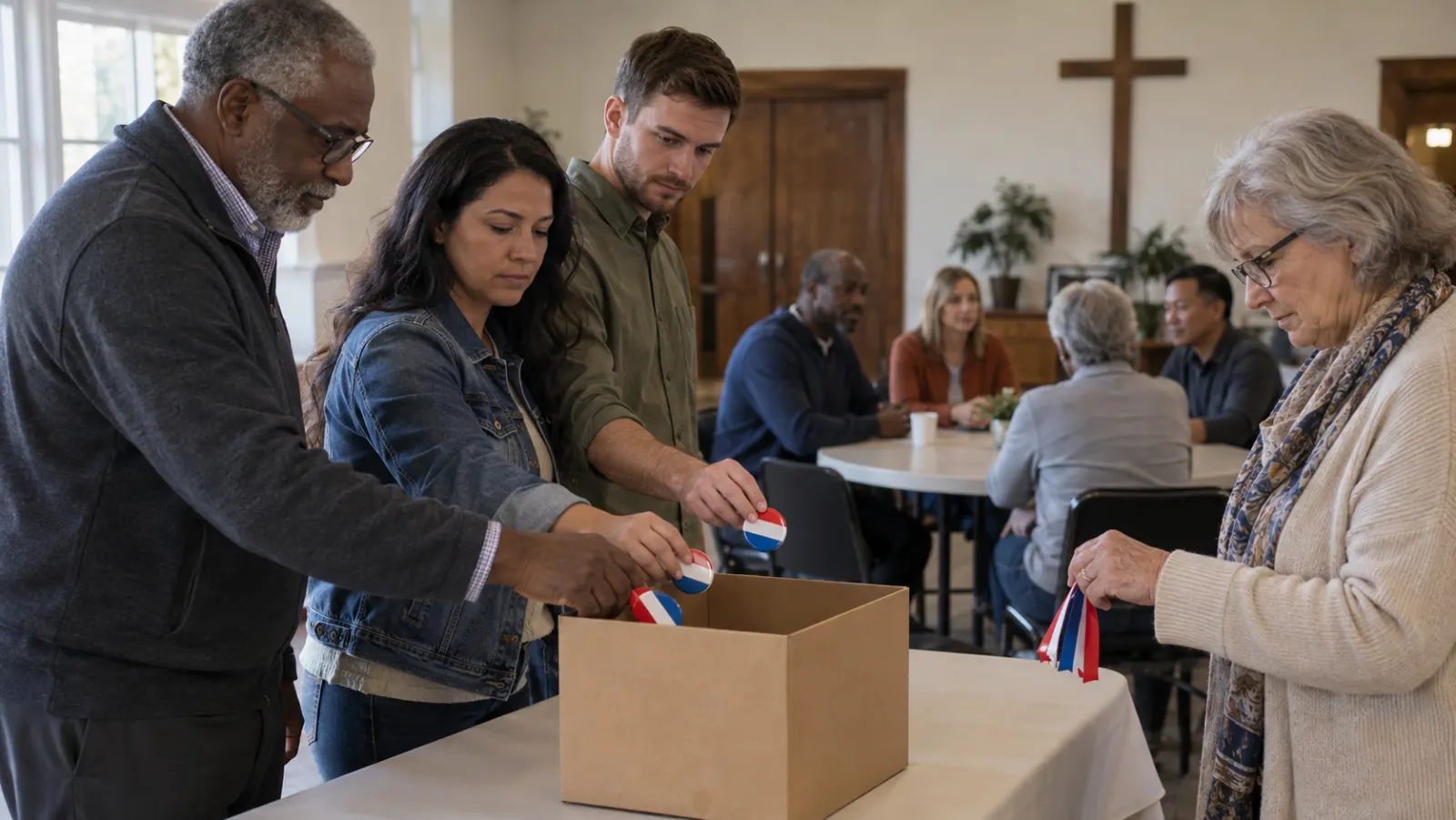 American Christians place generic political ribbons in a plain box before sharing one table.