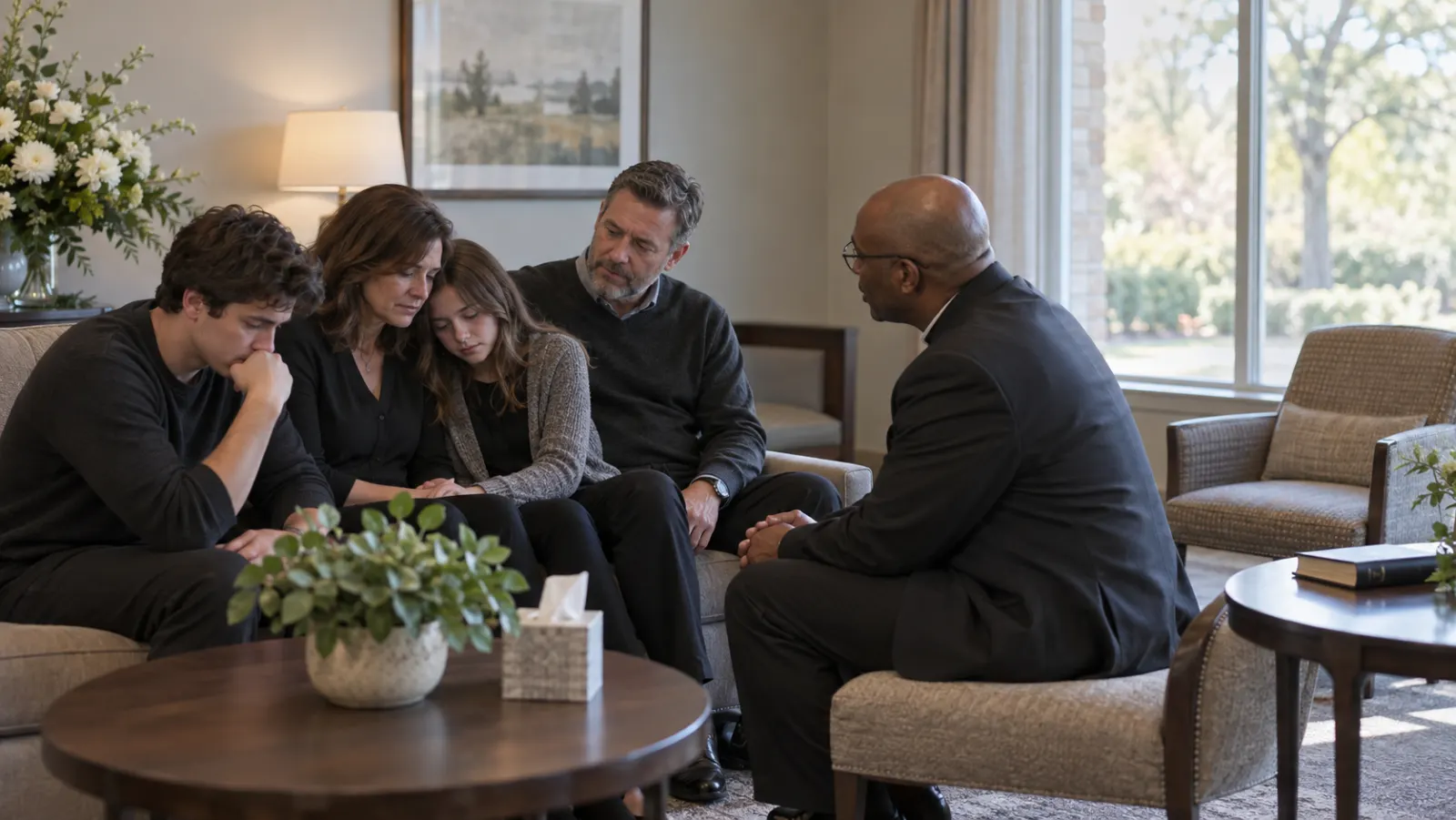 A pastor listens at eye level to a grieving American family in a funeral home reception room.