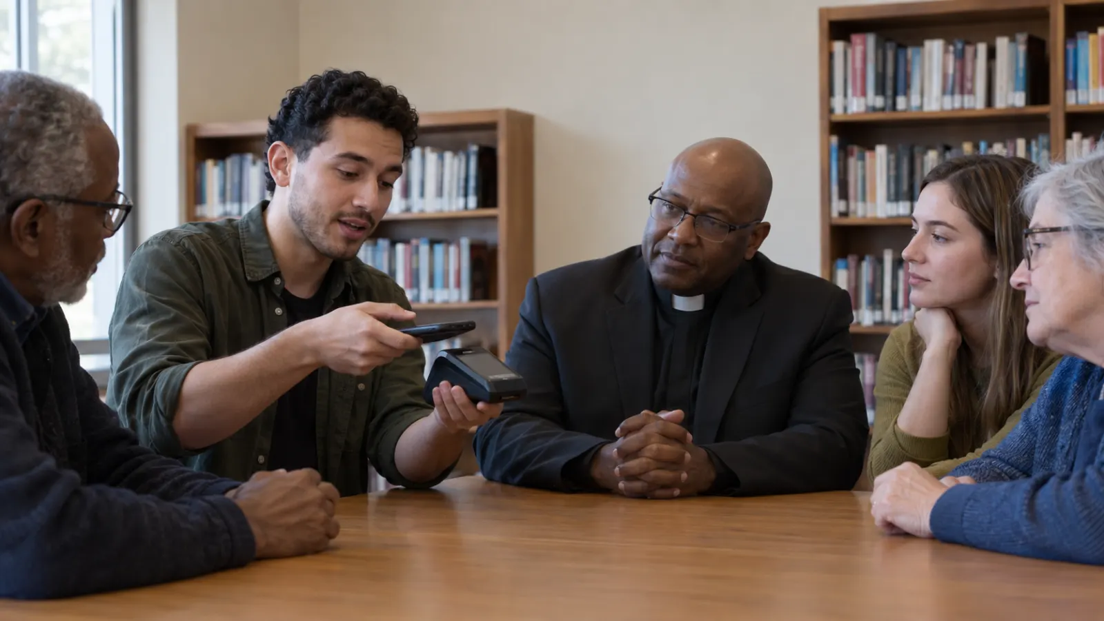 A software engineer demonstrates an ordinary payment device to a multigenerational American church group.
