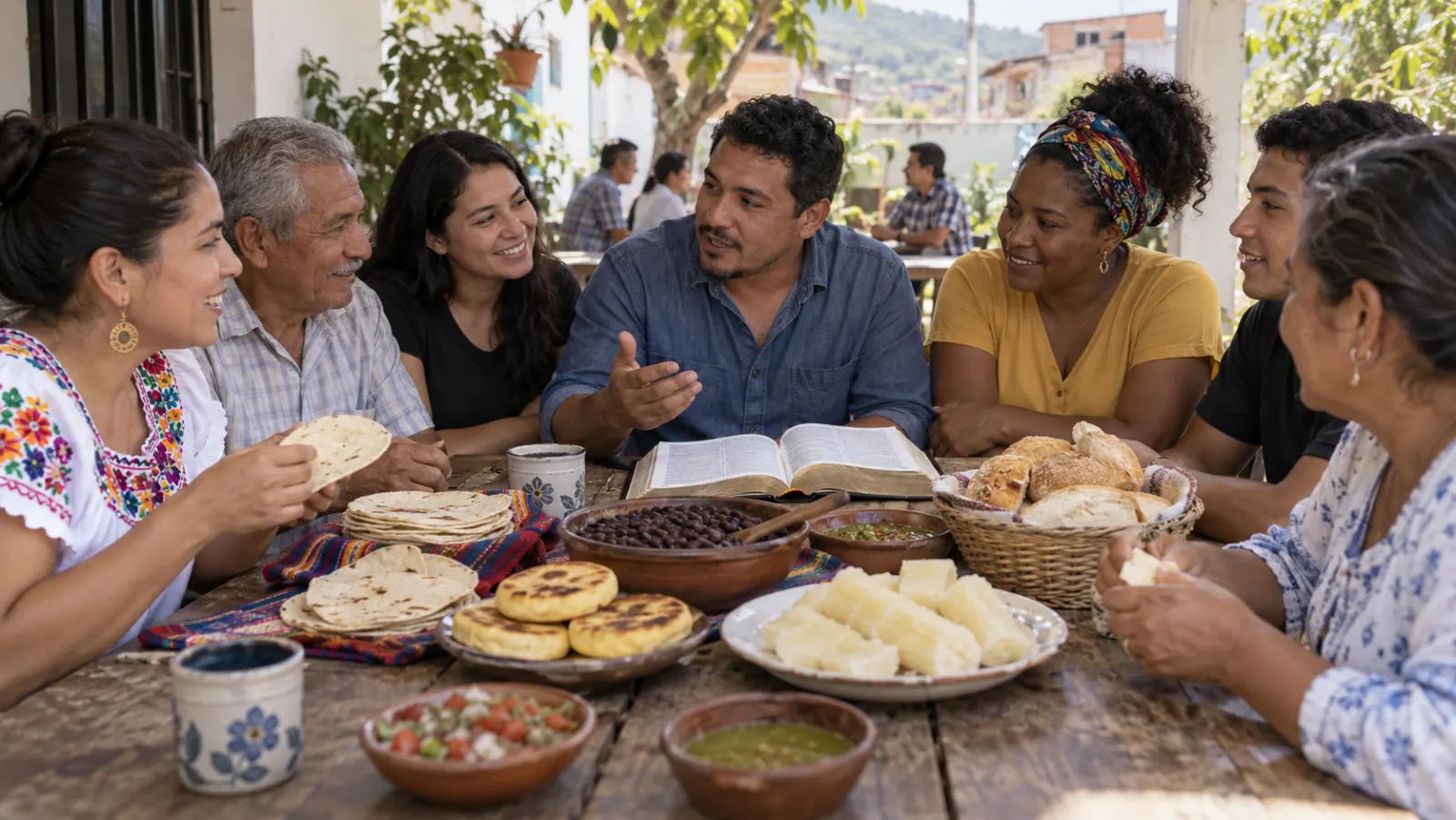 Vecinos comparten tortillas, arepas, yuca, frijoles y pan en una mesa comunitaria latinoamericana.