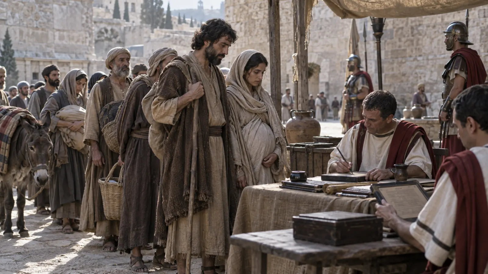 Familias judías esperan ante una mesa de registro romana en una ciudad de Judea del siglo primero.