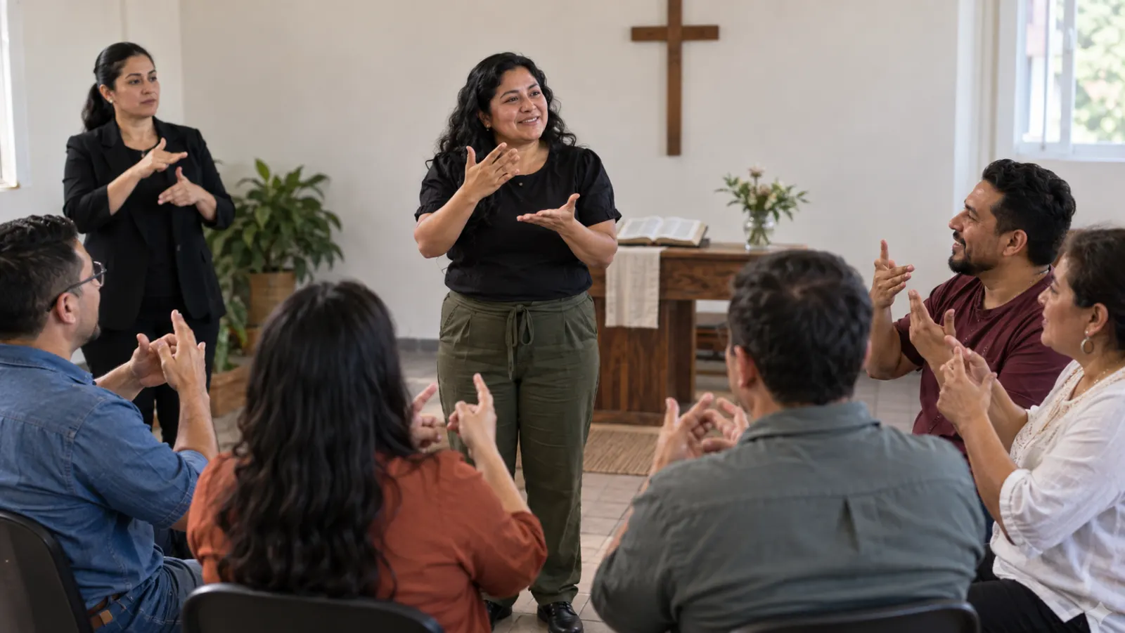 Una mujer sorda dirige una reunión cristiana en lengua de señas mientras una intérprete acompaña desde un costado.