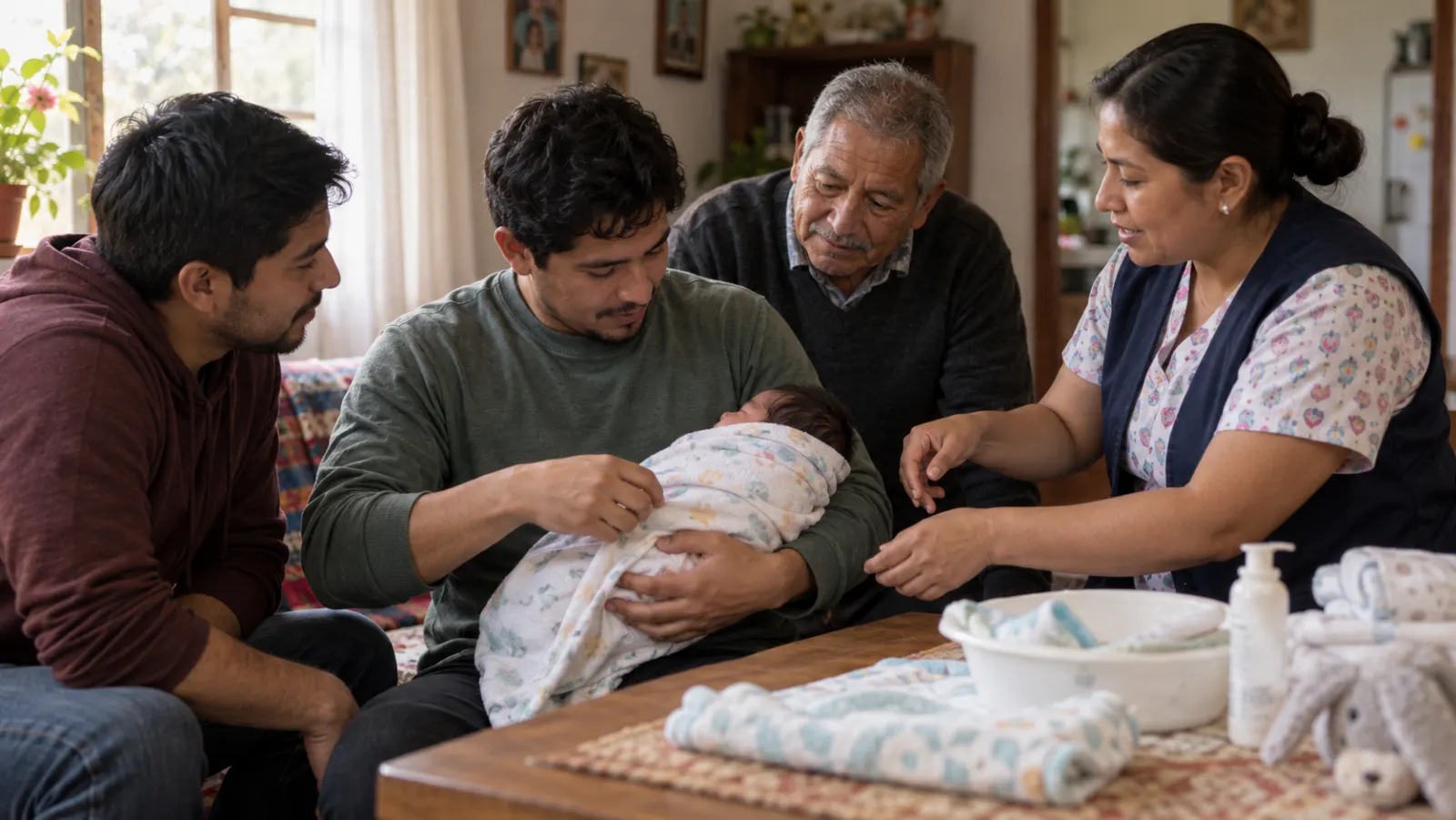 Tres varones aprenden cuidado infantil con una promotora de salud en un hogar latinoamericano.