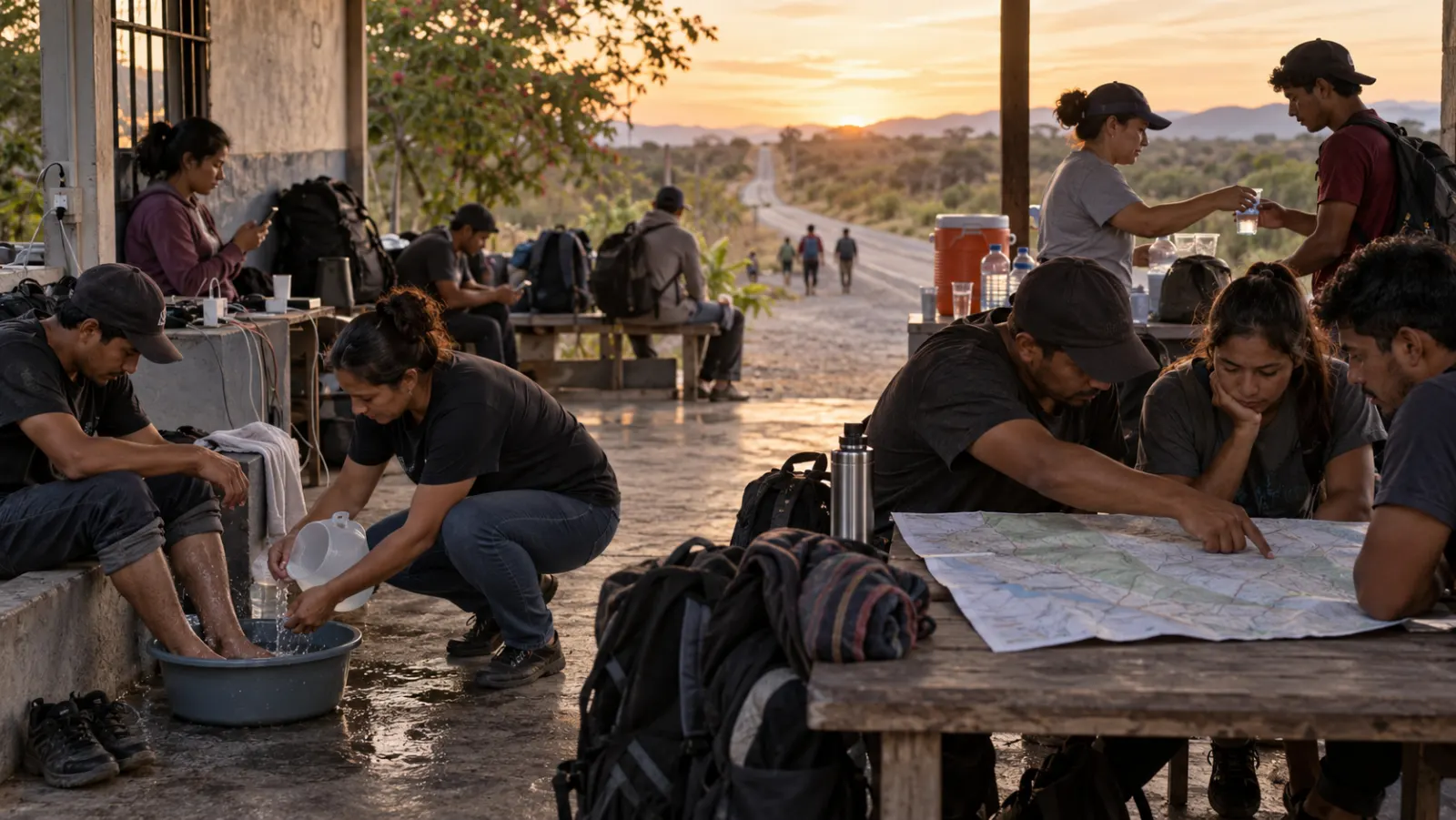 Viajeros descansan, lavan sus pies y revisan una ruta en un albergue latinoamericano.