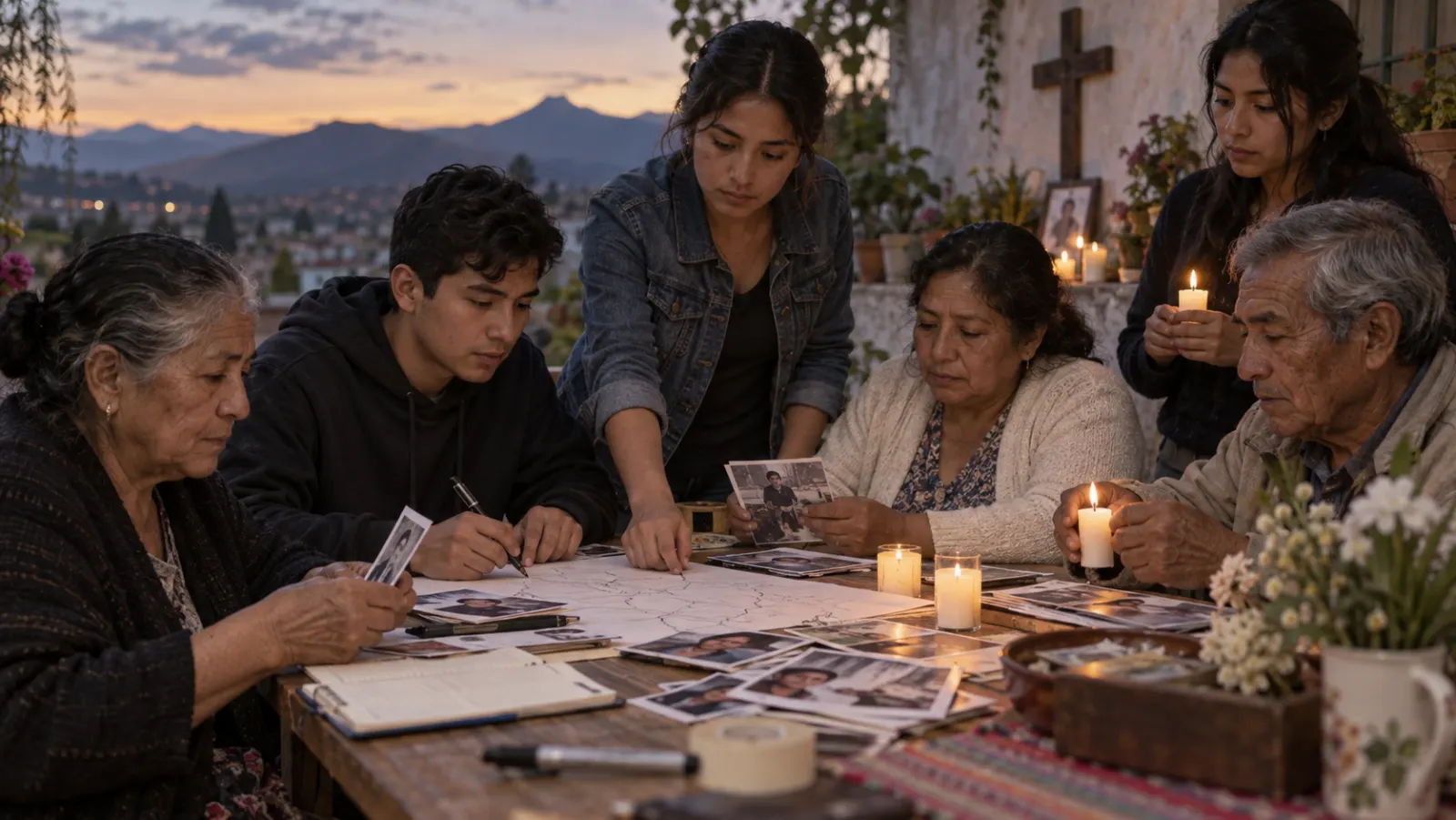 Familias preservan fotografías y trazan recuerdos de personas desaparecidas alrededor de una mesa con velas.