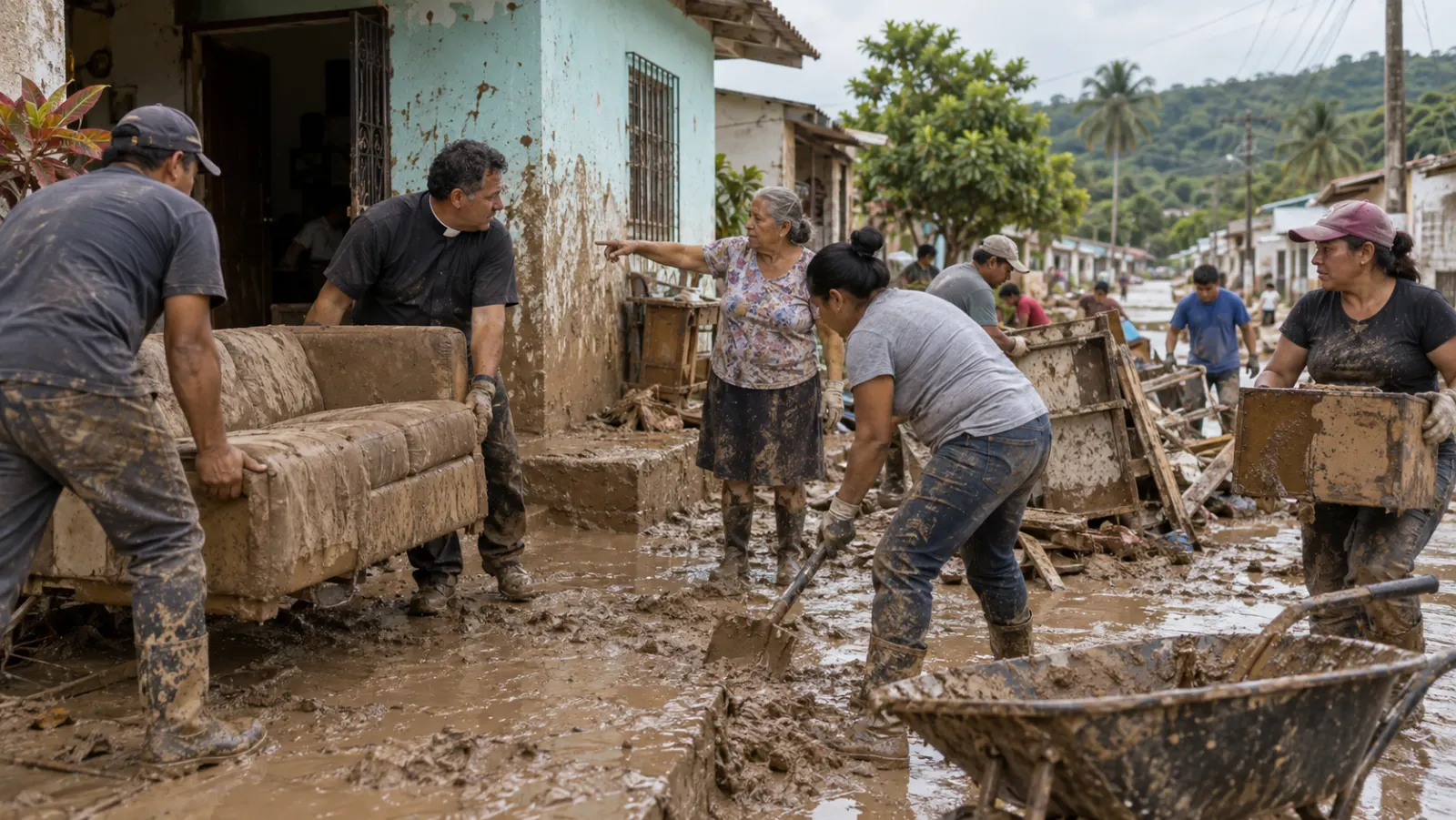 Un pastor y líderes de iglesia retiran lodo después de una inundación siguiendo las indicaciones de una vecina.