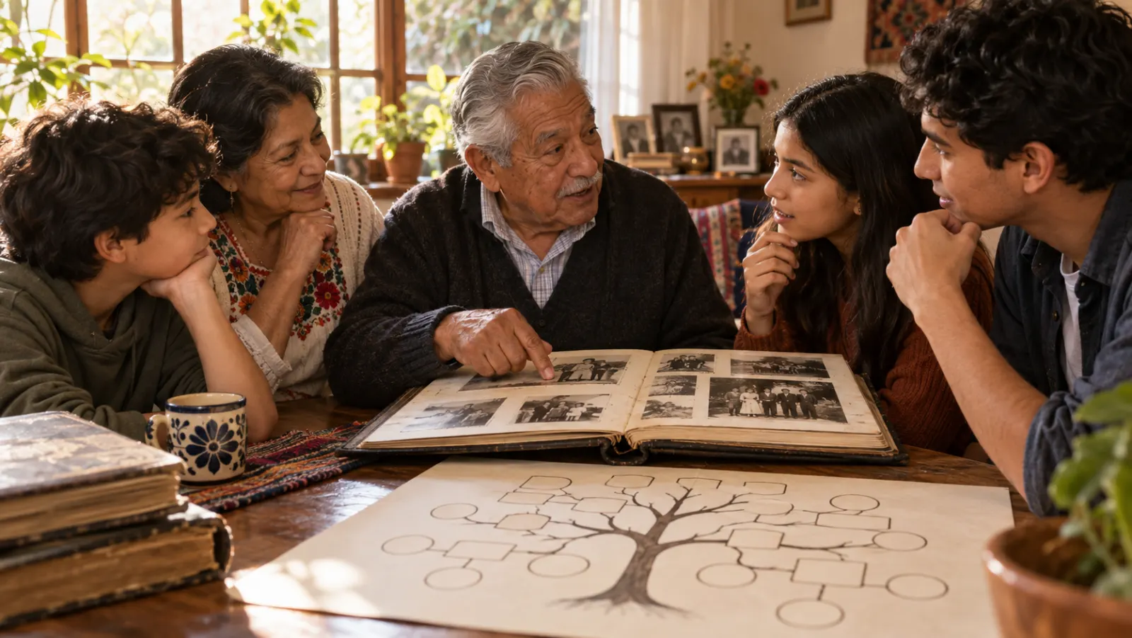 Tres generaciones de una familia latinoamericana escuchan historias alrededor de un álbum antiguo.