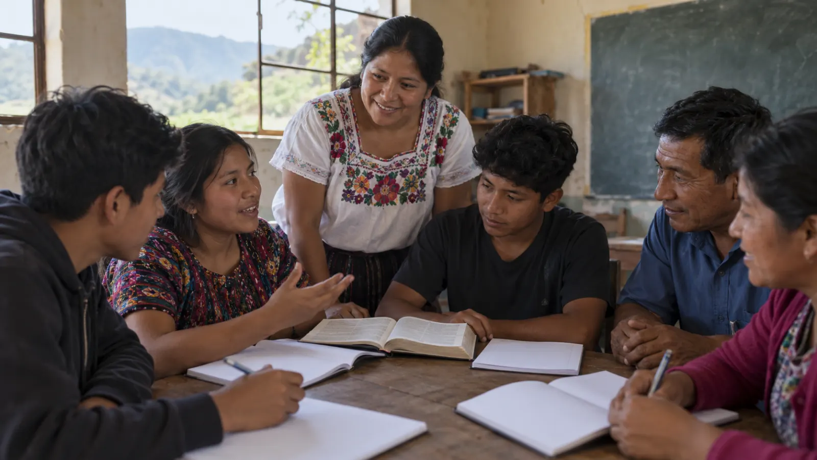 Una docente conduce un círculo participativo de Biblia y alfabetización en una escuela rural latinoamericana.