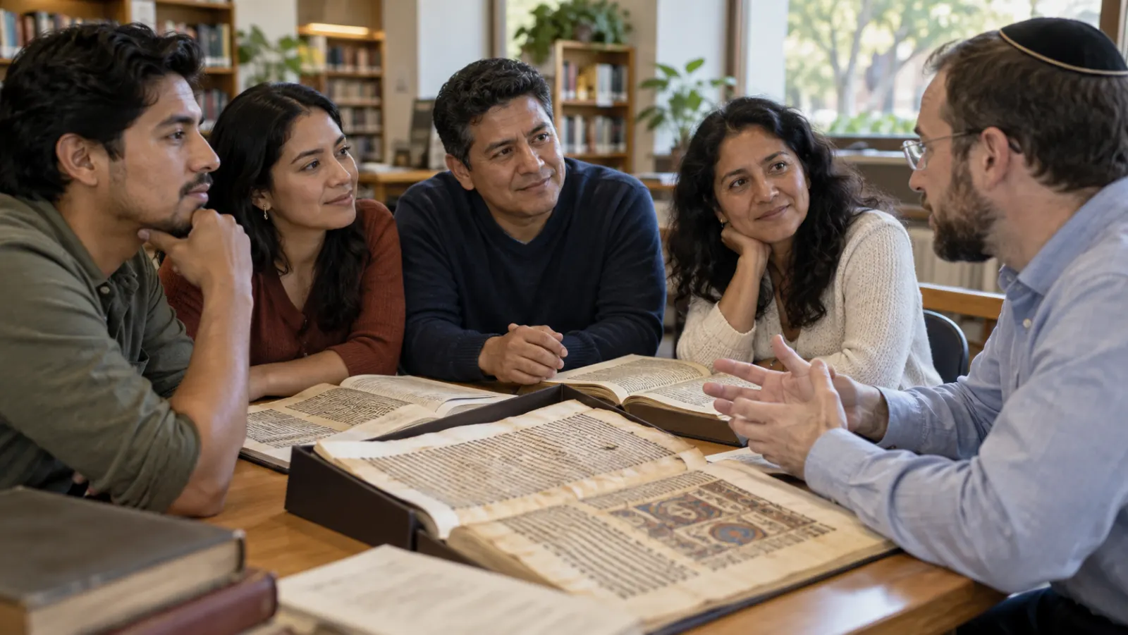 Lectores cristianos estudian Jeremías y Romanos con una invitada judía en una biblioteca comunitaria.
