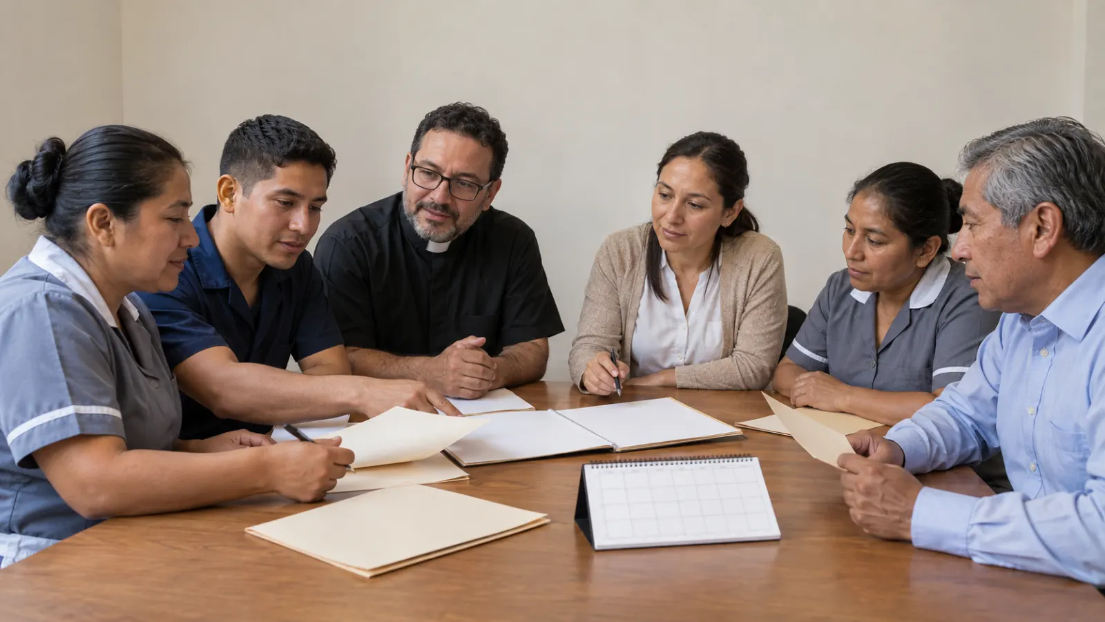 Trabajadoras y responsables de una iglesia revisan contratos y pagos alrededor de una mesa.