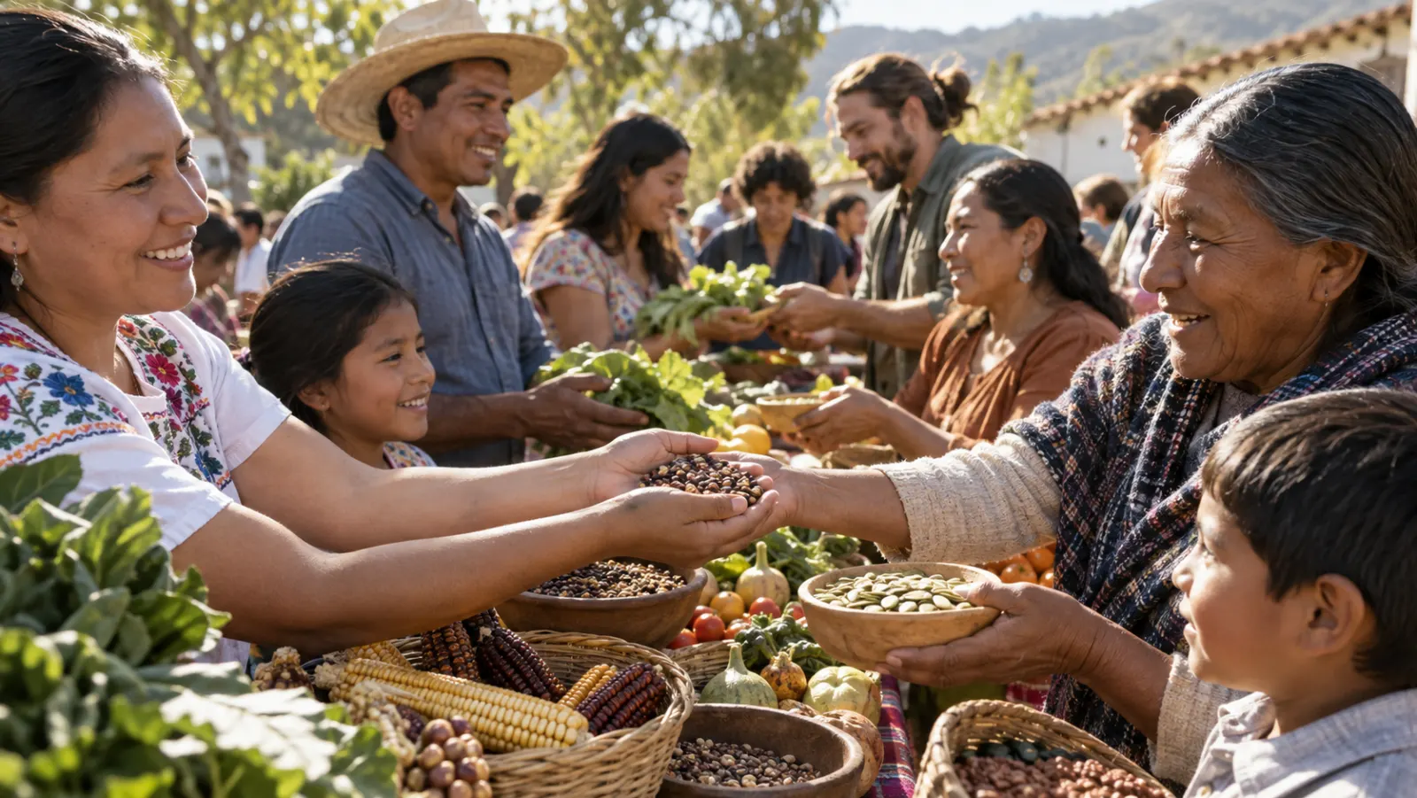 Familias de distintas regiones comparten semillas y alimentos en una feria comunitaria latinoamericana.