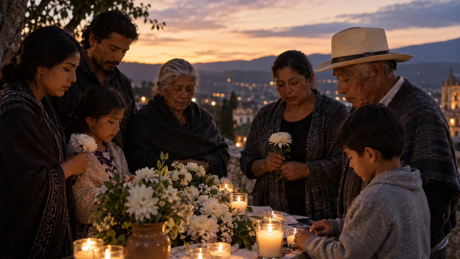 Familias sostienen una vigilia sobria con velas y fotografías sin nombres visibles.