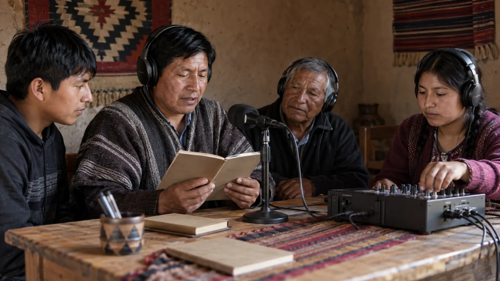 Traductores indígenas y hablantes jóvenes graban una lectura bíblica oral en una radio comunitaria.