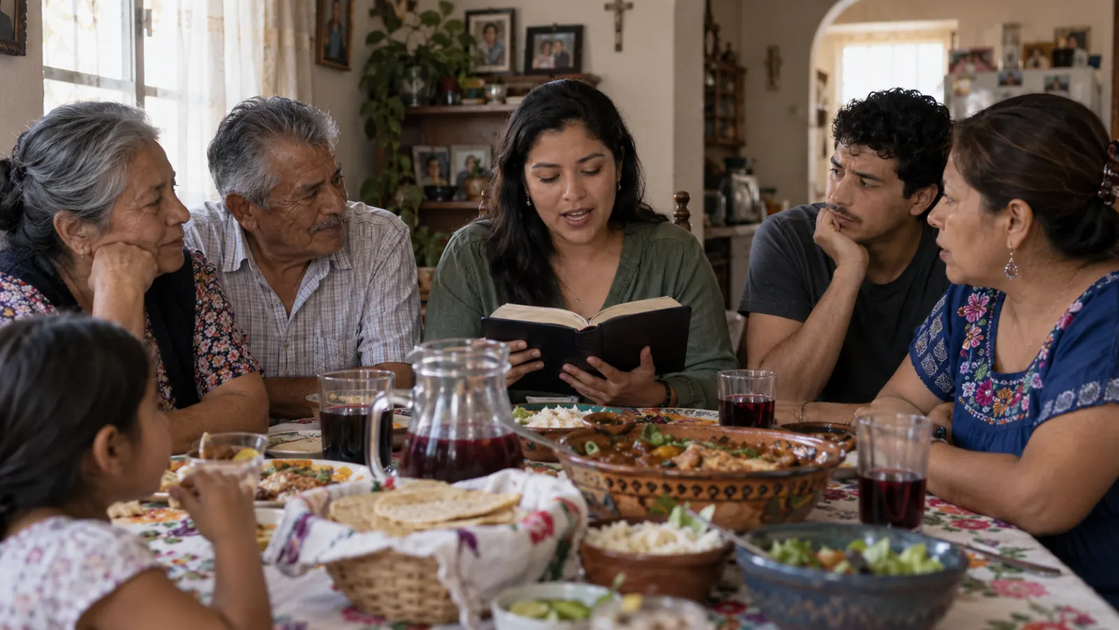 Una familia latinoamericana de varias generaciones conversa alrededor de la mesa mientras una hija adulta abre la Biblia.